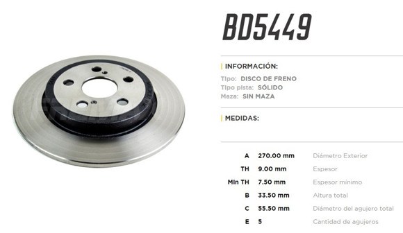 DISCO DE FRENO TRAS TOYOTA COROLLA 1.8/2.0 2020 . . .
