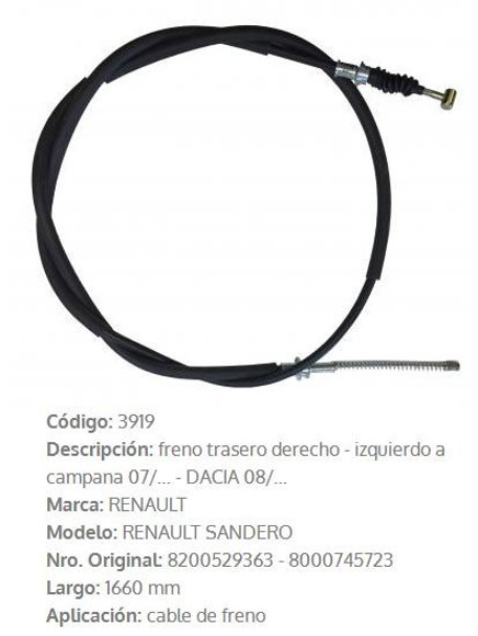 CABLE DE FRENO DER/IZQ RENAULT LOGAN/SANDERO 1660MM