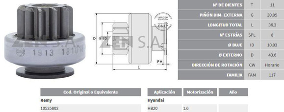 BENDIX DE ARRANQUE HYUNDAI HB20 C/DELCO REMY (11D/8E) (ZEN)