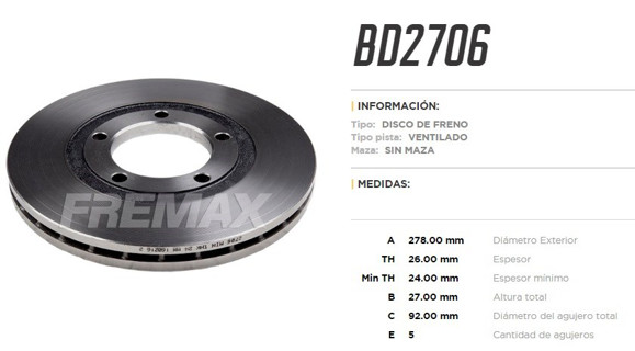 DISCO DE FRENO KIA BONGO K2500 2012 (VENTILADO)