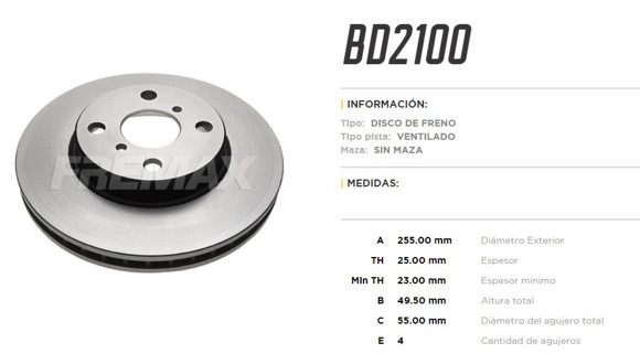 DISCO DE FRENO TOYOTA COROLLA 1.8I-1.6 16V/BYD F3/LIFAN 620