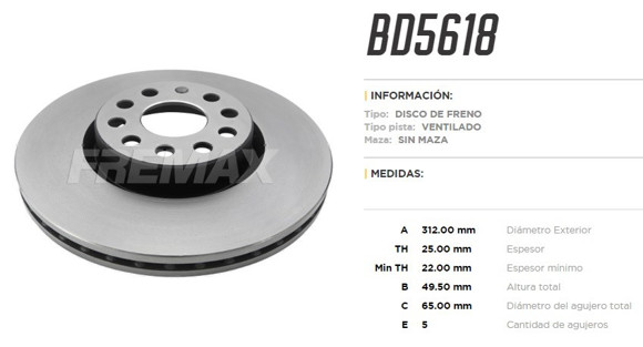 DISCO DE FRENO DELANTERO VW VENTO GLI/TIGUAN 2.0/AUDI A1-A3