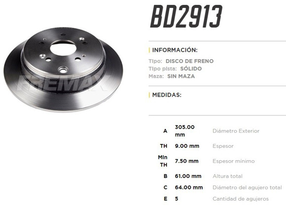 DISCO FRENO TRAS HONDA CRV/CR-V 2.4 2006-2018 305MM