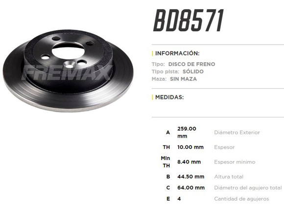 DISCO FRENO TRAS MINI COOPER 1.6 07-08 1.6I 16V 02. . .