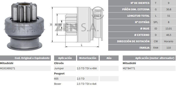 BENDIX DE ARRANQUE CITROEN JUMPER - PEUGEOT 605/BOXER 2.5TD