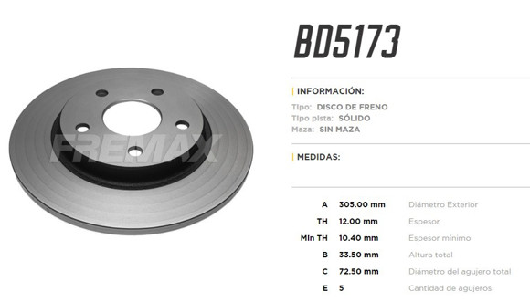 DISCO DE FRENO TRASERO DODGE JOURNEY 2009->