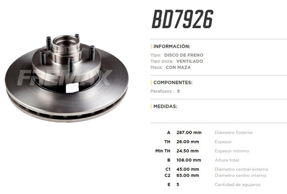 DISCO DE FRENO FORD RANGER 4X2 1998-2004 C/MAZA 5 TORNILLOS