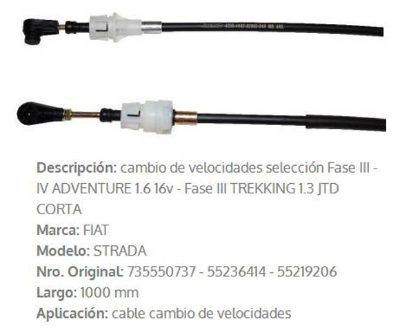 CABLE SELECTOR DE CAMBIOS FIAT STRADA 1.6 16V 1095MM
