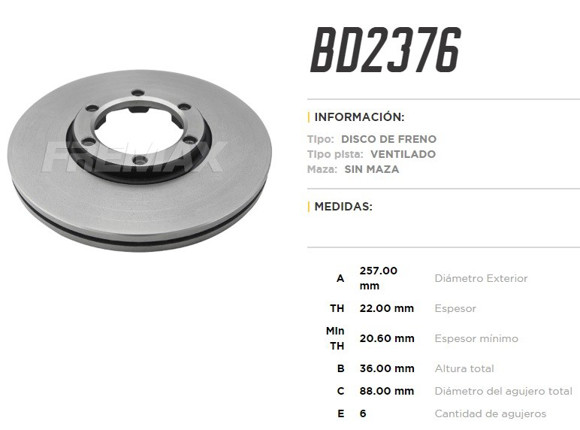 DISCO FRENO DEL VENT GM LUV ISUZU 2.8TD 90-96 TROOPER