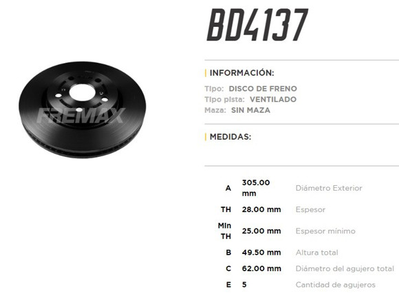 DISCO FRENO DEL VENT TOYOTA RAV4 2019. . . 305MM