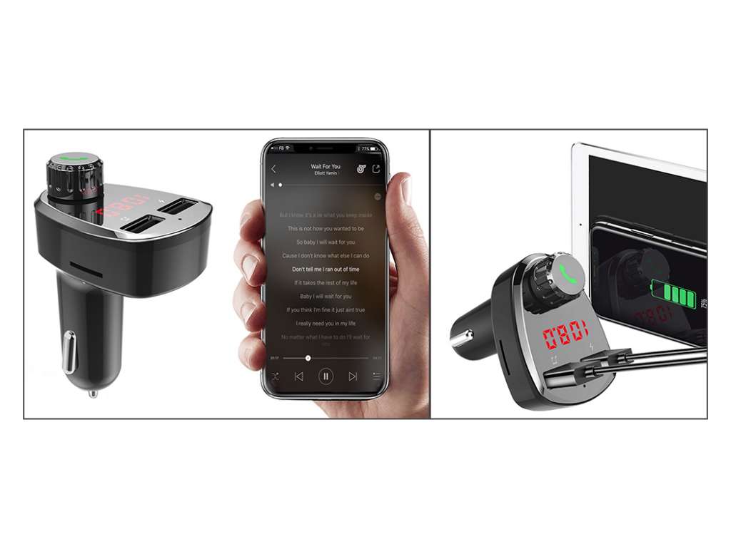 Transmisor FM universal con reproductor MP3/SD/USB y cargador Bluetooth