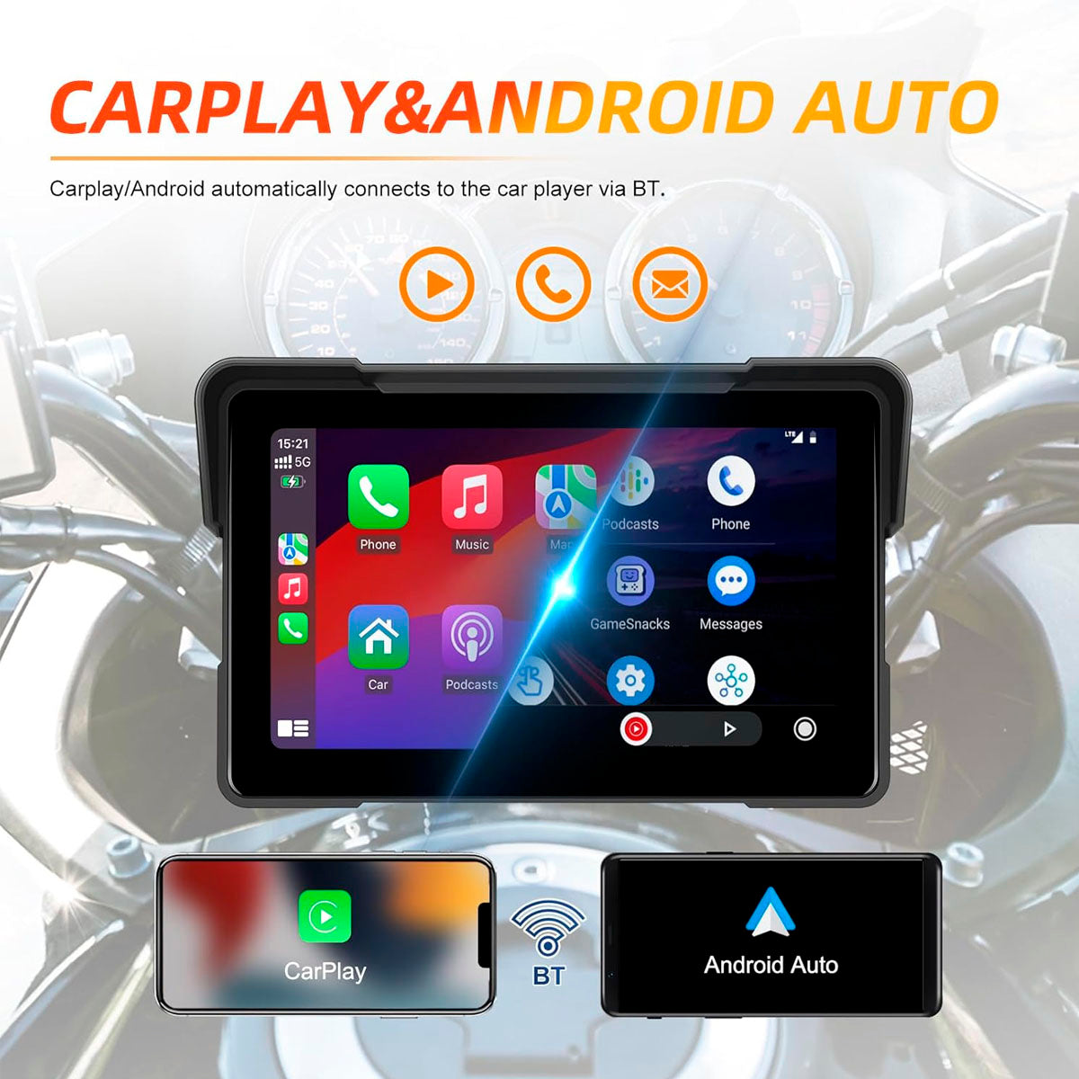 Pantalla 7” HD Moto con Soporte + CarPlay & Android Auto