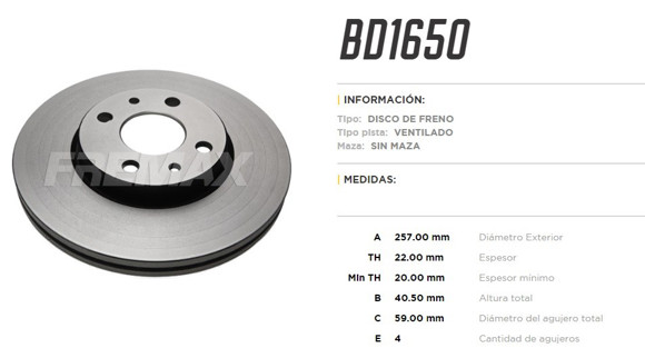 DISCO DE FRENO PEUGEOT BIPPER/CT NEMO/FIAT ARGO/ALFA MITO