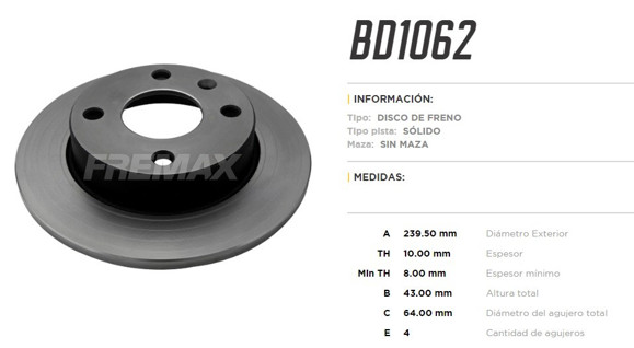 DISCO DE FRENO FORD FIESTA ESPAÑOL/COURIER/KA 1.3L 1996