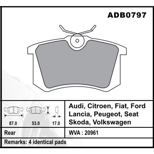 JGO. PASTILLAS FRENO VW SAVEIRO 16... TRAS. AUDI A3 A4 CITR. C3 307 BORA GOLF 87x53X15MM (20961)
