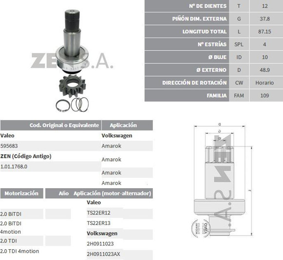 BENDIX DE ARRANQUE VW AMAROK 2.0 TDI (ZEN)