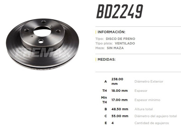 DISCO FRENO DEL VENT TOYOTA COROLLA 1992. . . 238MM