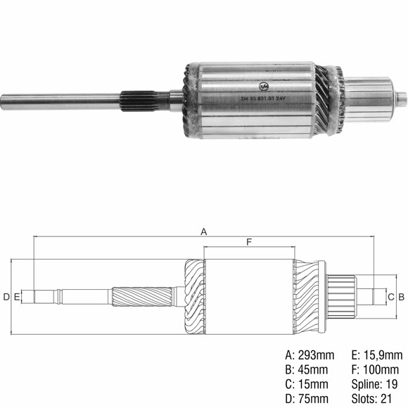 INDUCIDO 24V ARRANQUE JE SCANIA (393,3X74,8X19X45)