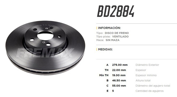 DISCO DE FRENO DELANTERO TOYOTA COROLLA 2.4 2010 (VENTILADO)