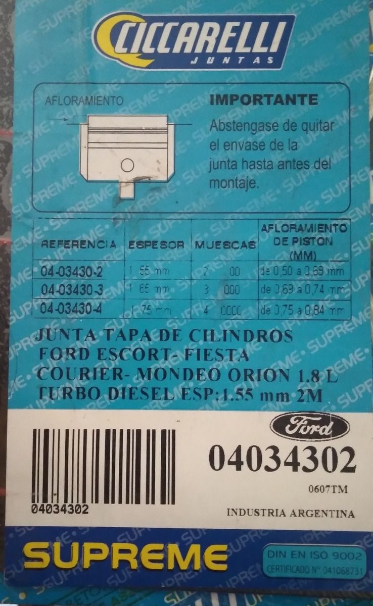 Junta Tapa Cilindros Escort Fiesta Diesel Esp 1.55 Mm 2 M