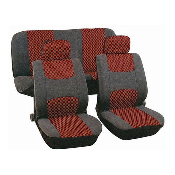 JUEGO DE FUNDAS CUBRE ASIENTO COLOR GRIS Y ROJO CUADRICULADO