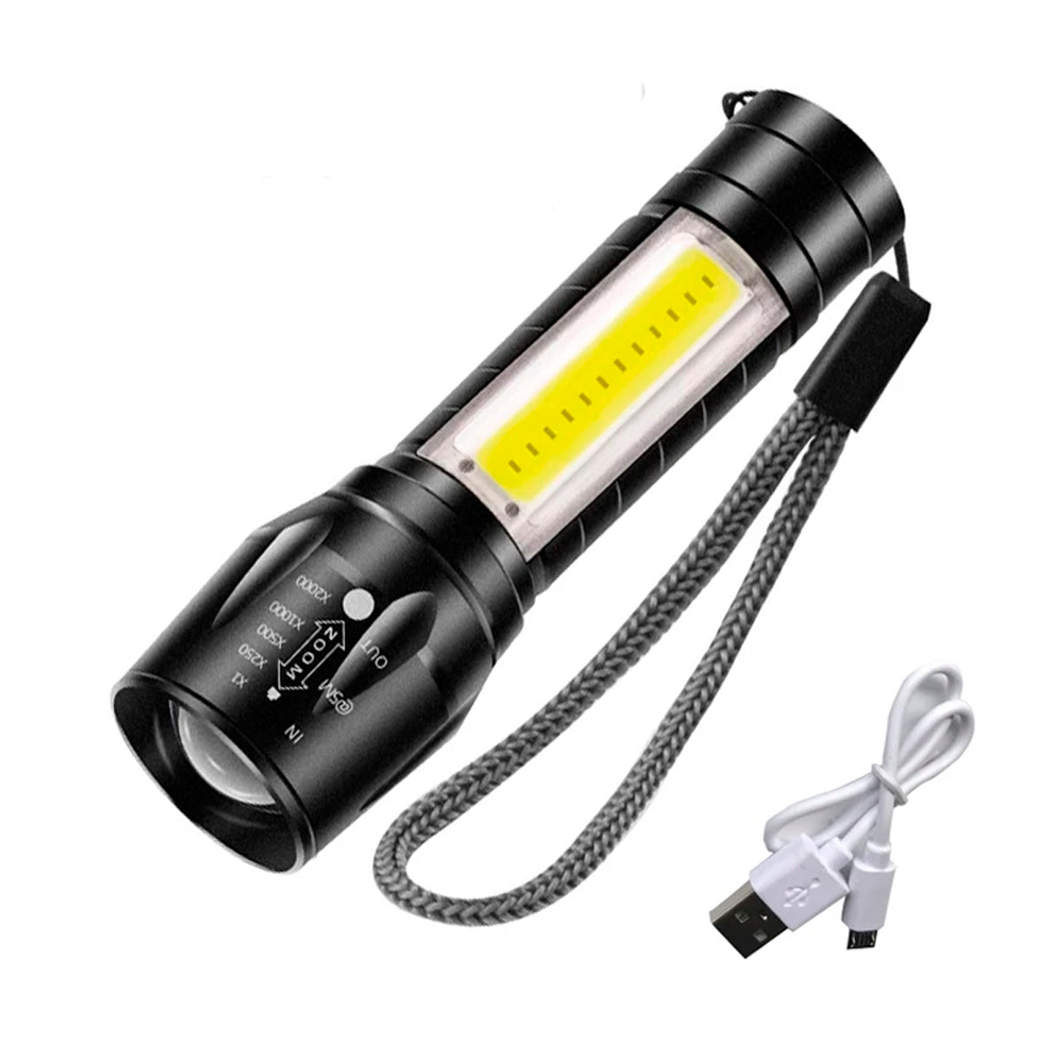 Linterna LED recargable con zoom y luz lateral