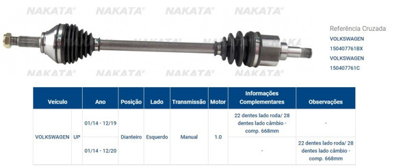 SEMIEJE IZQUIERDO VW UP 1.0 2014 22 Y 28 ESTRIAS