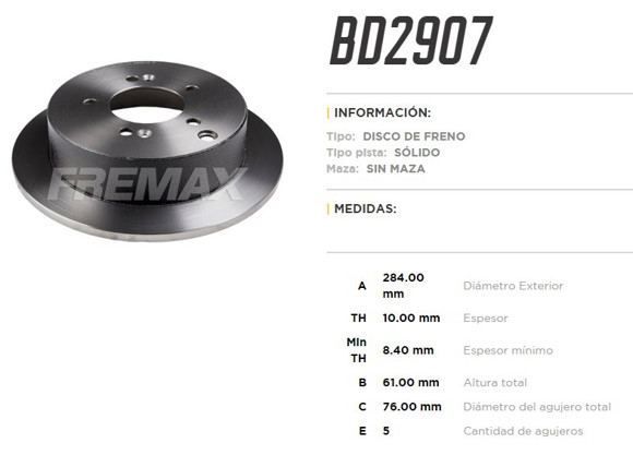 DISCO FRENO TRAS HYUNDAI SANTA FE 01-05 TUCSON 05-06