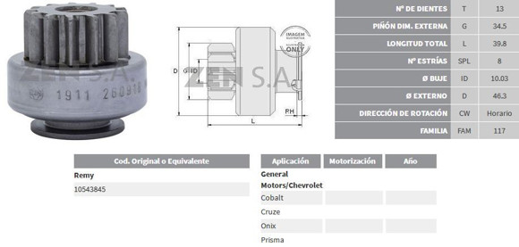 BENDIX DE ARRANQUE GM CRUZE/ONIX/PRISMA C/DELCO REMY (ZEN)
