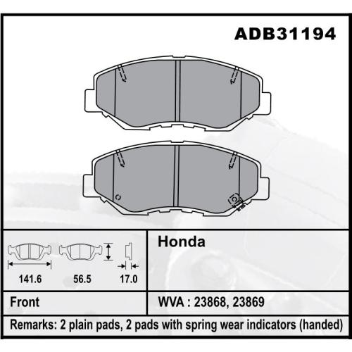JGO. PASTILLAS FRENO HONDA ACCORD 02...-CRV 2.0 16V  02...06 PILOT 2008...142X57X17MM