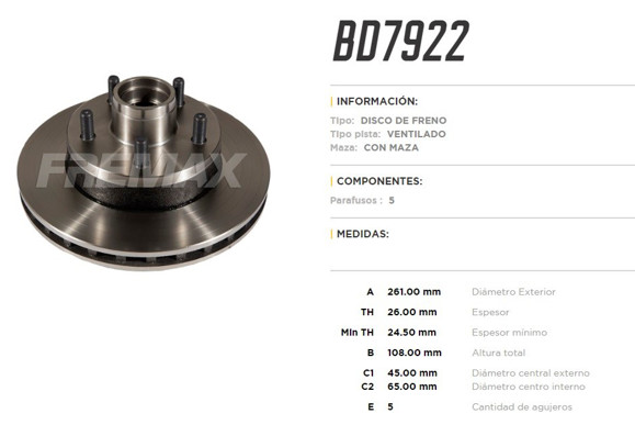 DISCO DE FRENO FORD RANGER 1995-1998 CON MAZA 5 TORNILLOS