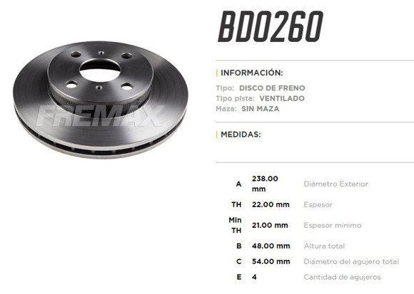 DISCO FRENO DEL VENT TOYOTA CARINA II 88-92 COROLLA 238MM