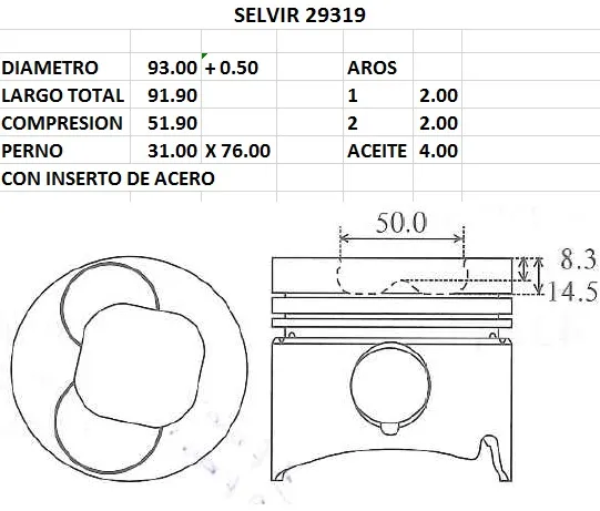 PISTONES 93mm ISUZU 4JB1 0.50 C/INSERTO EUROSUN