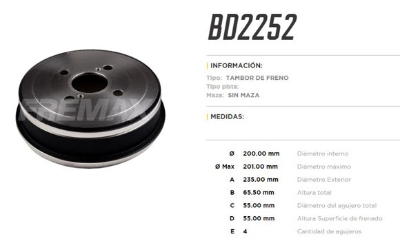 CAMPANA DE FRENO TOYOTA COROLLA 1.6-1.8 1993/2002