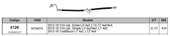 FLEXIBLE FRENO DEL/DER CHEVROLET S10/BLAZER 2012/2016 410MM