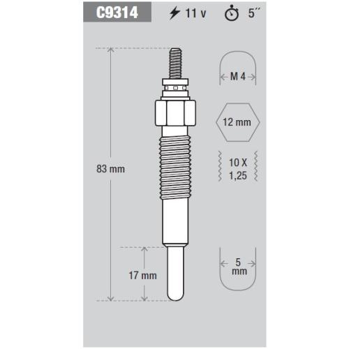 Calentador de precalentamiento 11V para motor 2.7 Diesel, 83mm de largo, 17mm de diámetro