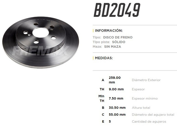 DISCO FRENO TRAS TOYOTA COROLLA 1.8 11. . . 2.4 09-11 PRIUS