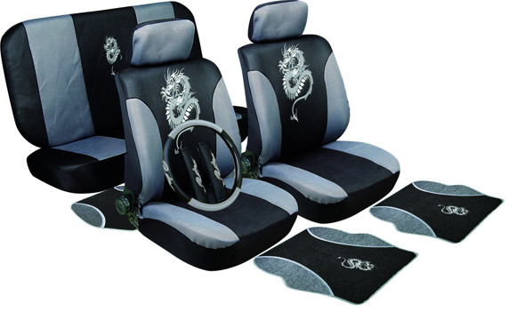 KIT JUEGO FUNDAS CUBRE ASIENTO+ALFOMBRAS+CUBRE VOLANTE GRIS