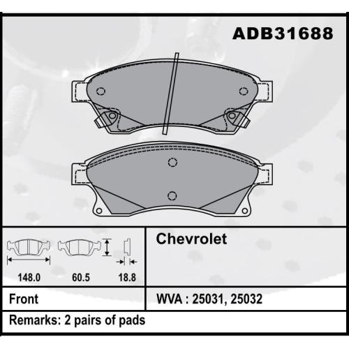 JGO. PASTILLAS FRENO CHEVROLET CRUZE 2010... TRACKER 14...17  DEL. 148X60X19MM. COMLINE