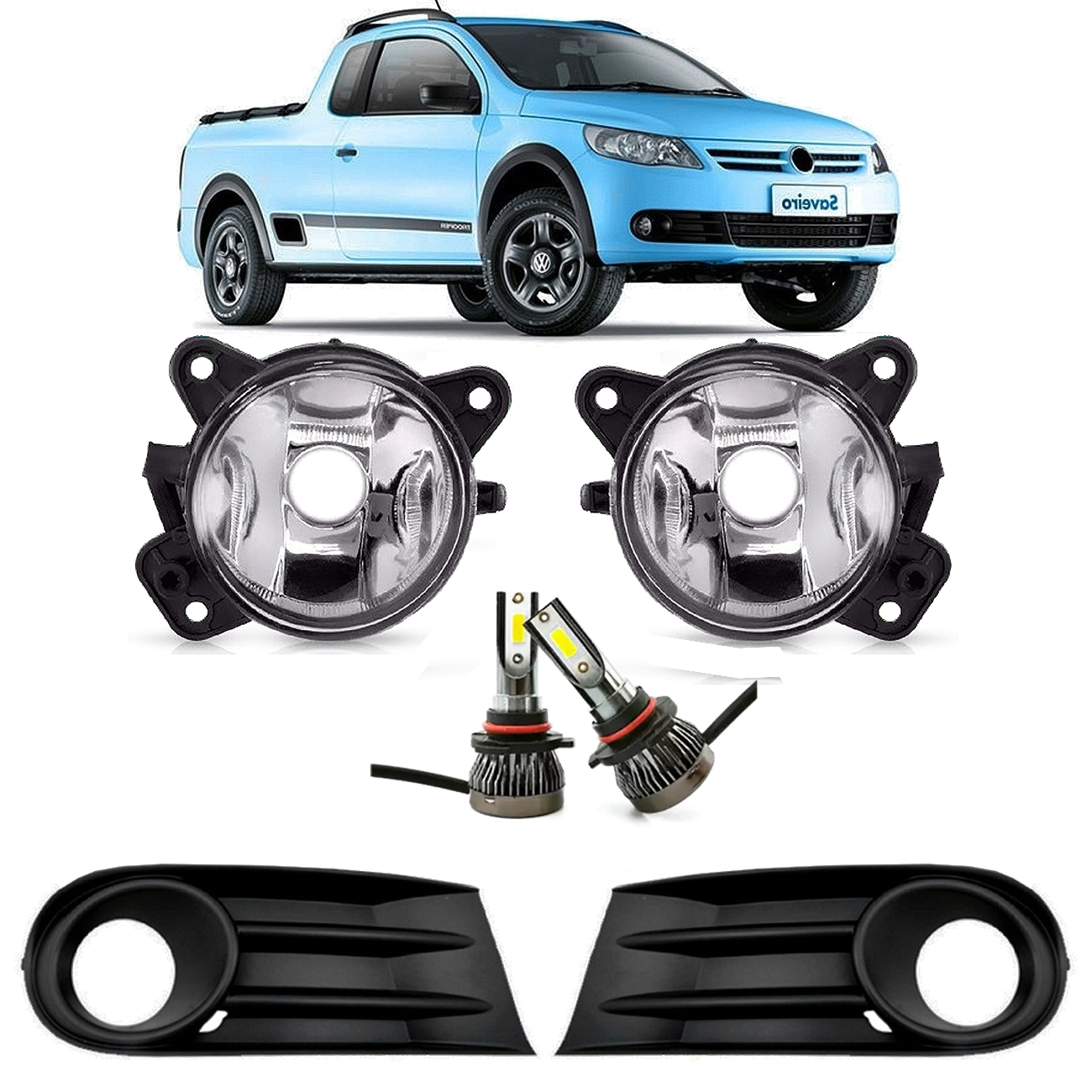 Kit 2 Faro Camineros + 2 Led + 2 Rejillas Vw Saveiro G5 2009 2013
