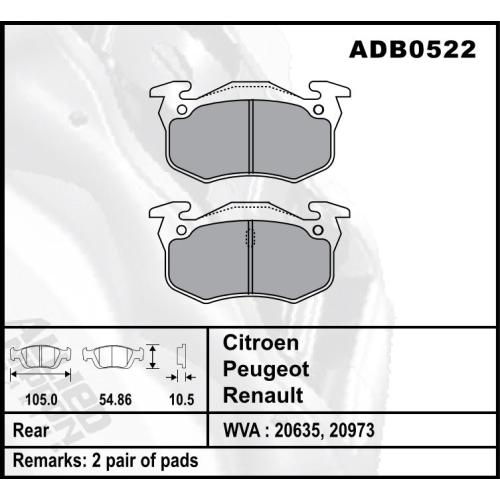 JGO. PASTILLAS FRENO PEUGEOT CITROEN 206 207 306 BREAK XSARA TRASERAS  105X54.X12MM (20973)