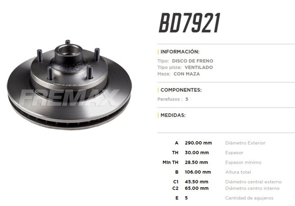 DISCO DE FRENO FORD F100/F1000 HASTA 1993 C/MAZA 5 TORNILLOS