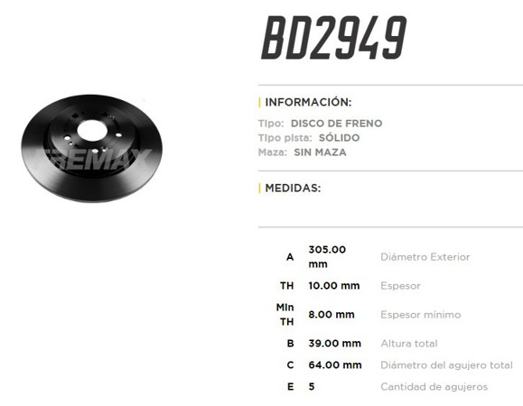 DISCO FRENO TRAS VENT HONDA CRV/CR-V 1.5 2018. . . 305MM