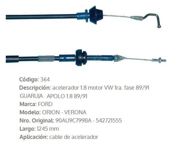 CABLE DE ACELERADOR FORD ESCORT/VERONA 1.8 HASTA 1993 1245MM
