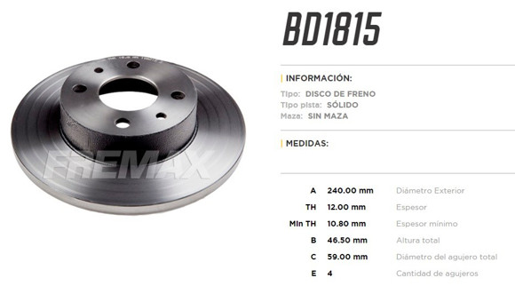 DISCO DE FRENO FIAT UNO/PREMIO/DUNA/FIORINO/PALIO/SIENA/ELBA