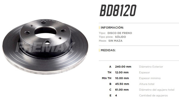 DISCO DE FRENO NISSAN SUNNY B12 -1990 SENTRA B13