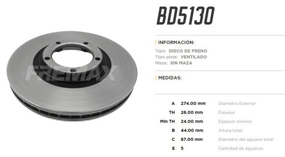 DISCO DE FRENO HYUNDAI H1 2.5TD 02-07 PORTER 2005-