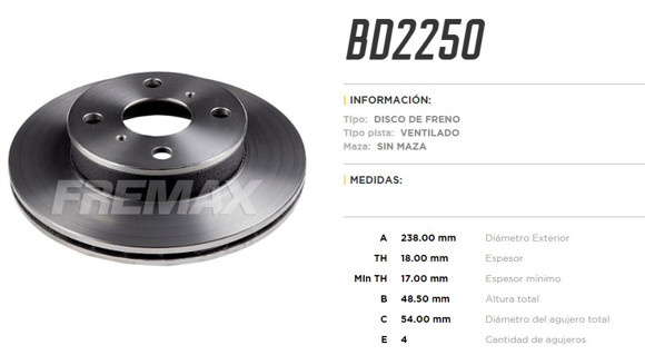 DISCO DE FRENO TOYOTA COROLLA 1.6I/1.8D -1992 (VENTILADO)