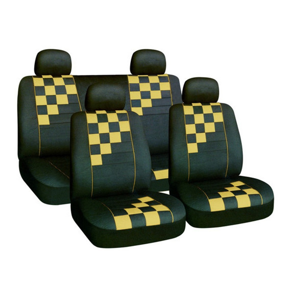 JUEGO DE FUNDAS CUBRE ASIENTO NEGRA CON CUADRICULADO BEIGE