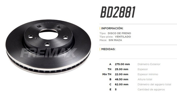 DISCO DE FRENO DELANTERO TOYOTA RAV 4 2006-2013 (VENTILADO)
